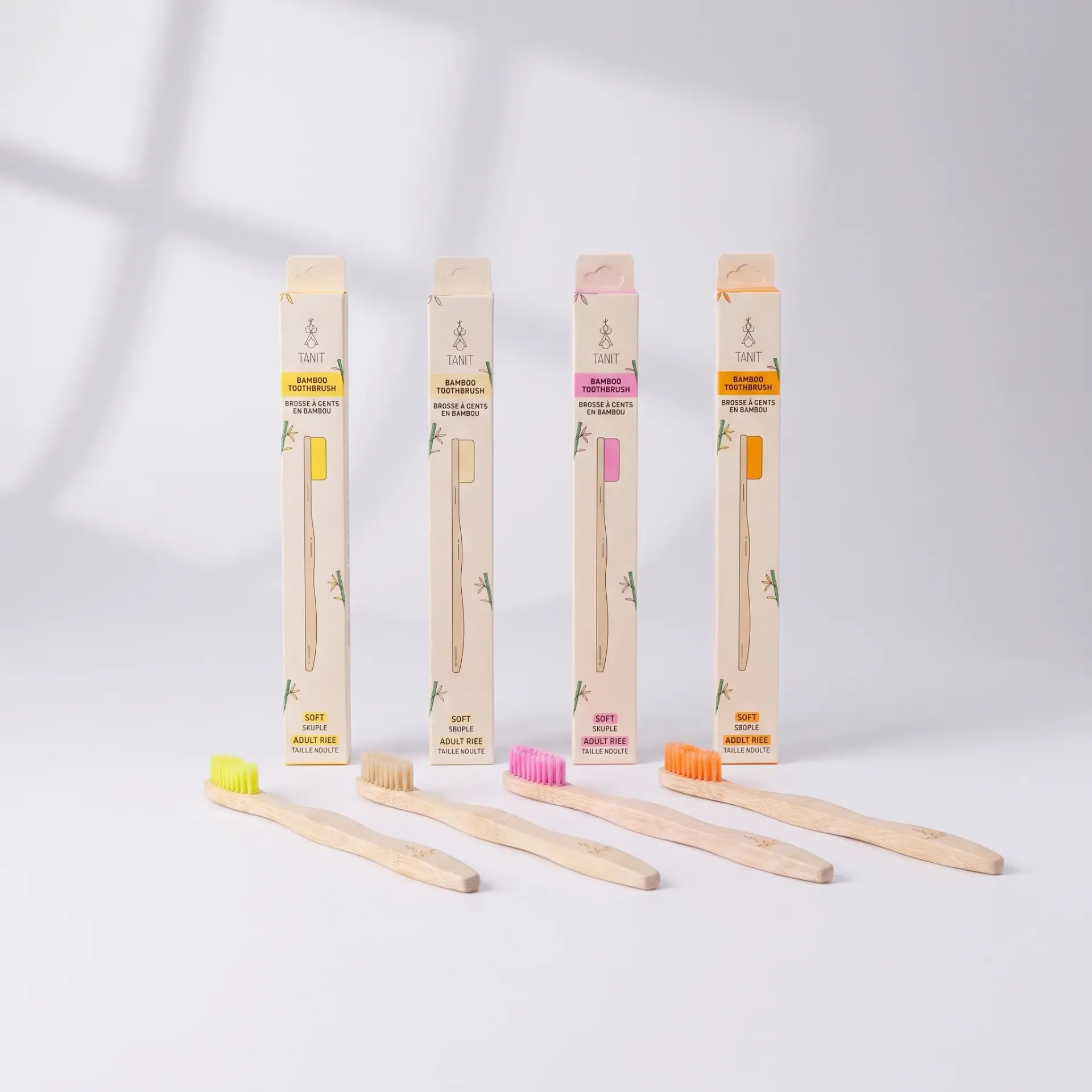 Caisse de 12 brosses à dents adultes souples en bambou 4 couleurs